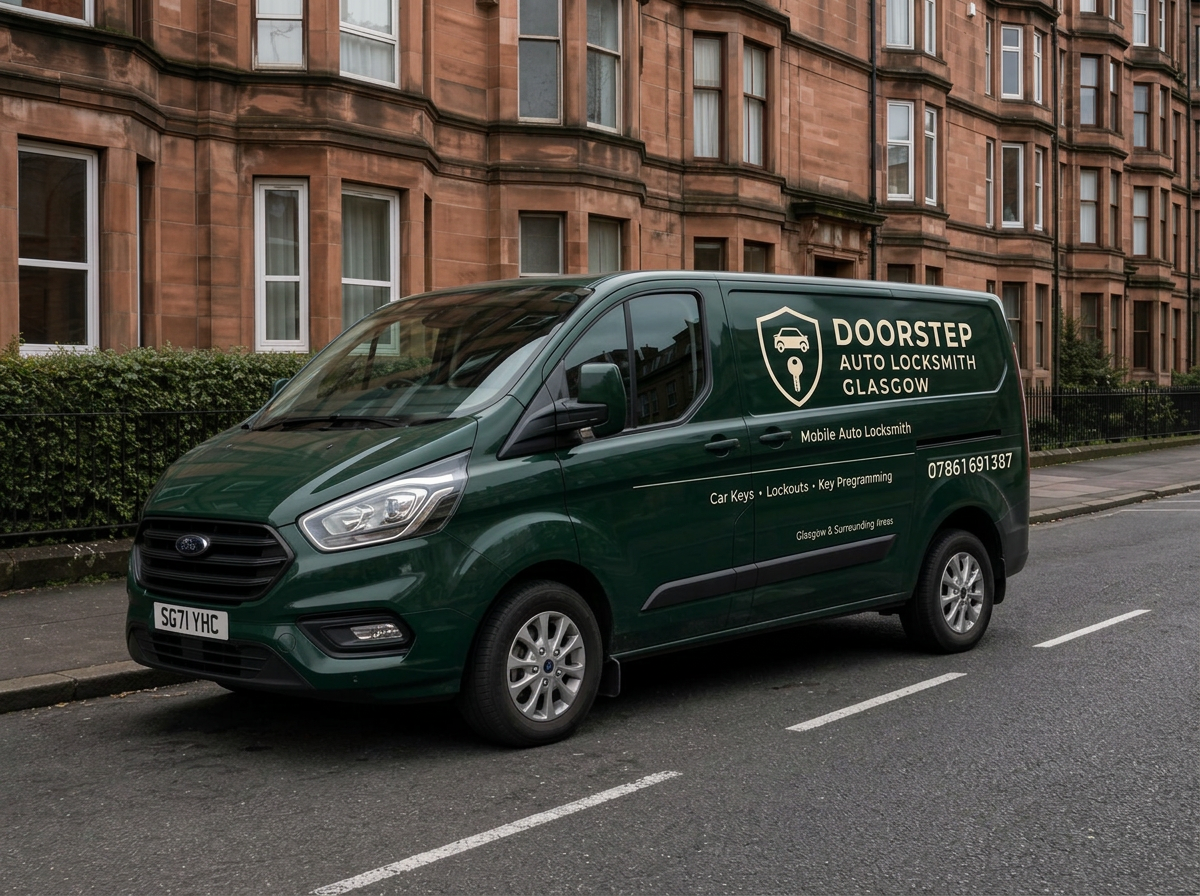 Doorstep Auto Locksmith Glasgow branded green mobile service van parked on a Glasgow street